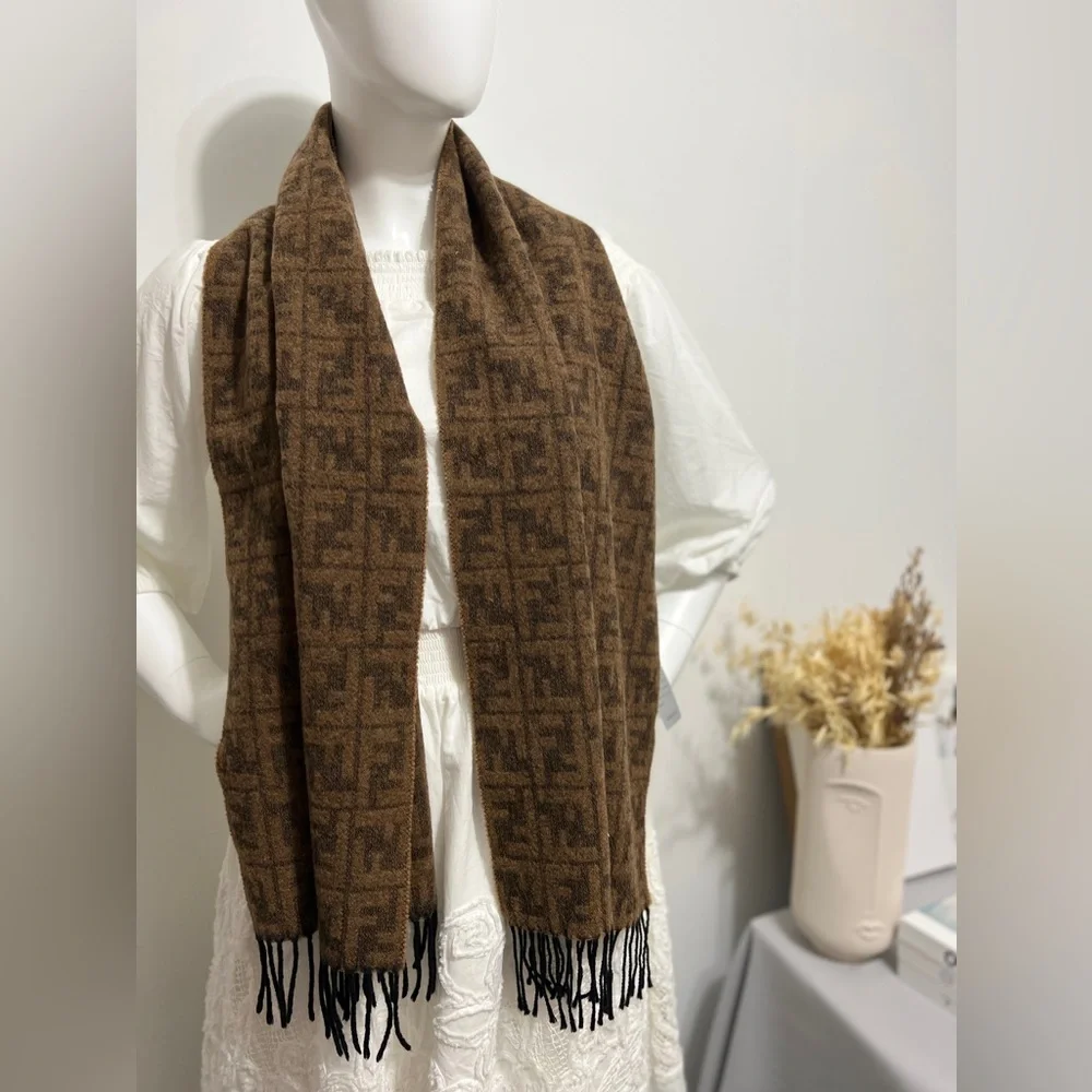 Fendi Authentic Vintage FF Logo Zucca Print Fringe Scarf - Picture 1 of 6